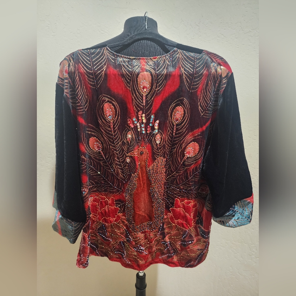 Paragon Black Velvet Jacket with Red Lining  Peacock Sequin Beading M